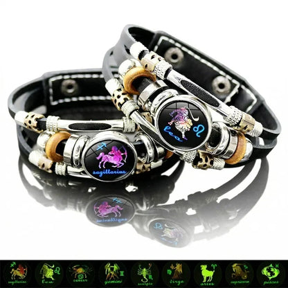 🎁 1+1 GRATIS! 12-delige Leren Sterrenbeeldarmband voor Dames & Heren – Licht op in het Donker, Perfect voor Elke Gelegenheid✨⌚