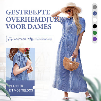 🛍️Nieuwe exclusieve zomerkleding 👗 Gestreepte revers-overhemdjurk met knopen | Met functionele zakken