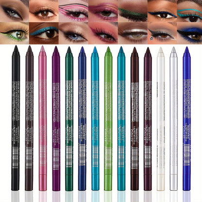 💧 14-delige waterproof gekleurde gel eyeliner potlood – metallic & shimmer afwerkingen, smudge-proof (Kleur van puntenslijper is willekeurig)