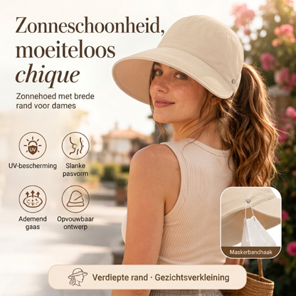 🎁✨Elegante opvouwbare zonnehoed voor dames met UPF 50+ – Brede katoenen buckethoed met nekflap en verstelbare band 🌞 | Inpakbaar, ademend en strandklaar