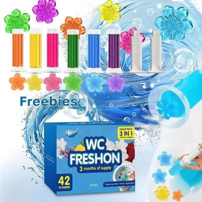 📢📢 50% KORTING🌸 42 bloemvormige toiletgelstempels – 9 frisse geuren, langdurige geurbestrijding, eenvoudig aan te brengen wc-reiniger & badkamerverfrisser (3-pack).