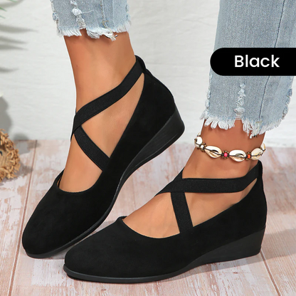 🌹Elegante effenkleurige schoenen met elastische bandjes en lage wigzool