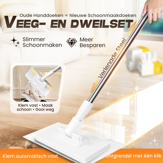🏆Vlakke dweil met roestvrijstalen handvat, geleverd met herbruikbare, wasbare dweildoeken