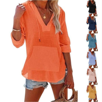 ⏰Tijdelijke korting - 50% Korting🏖️Vrouwen Oversized Kapuzen Beach Cover Up - Langermelige V-hals T-shirt met zakken