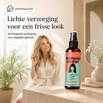 Lichtgewicht, voedende pruikspray die niet hoeft te worden uitgespoeld.