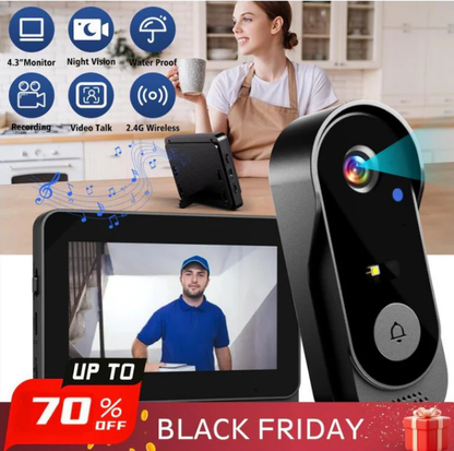✈️ Gratis verzending! ✈️ Draadloze deurbelcamera met 1080p HD, 170° kijkhoek, 11 cm scherm, IPX65 waterdicht voor buitengebruik en nachtzicht.