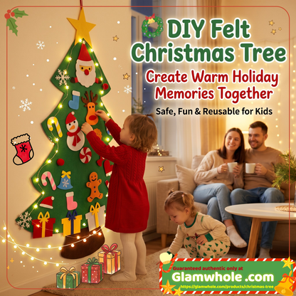🎅Xmas Hot Sale - 50% KORTING!🎄DIY vilten kerstboom voor kinderen – 32 herbruikbare ornamenten + kerstverlichting