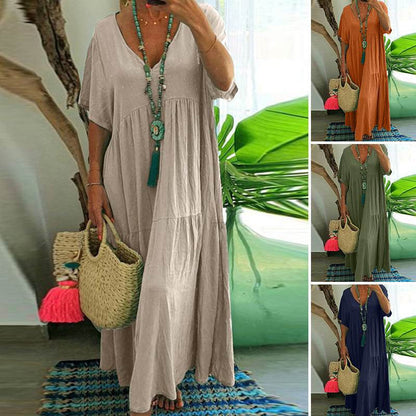 Casual zomerse losvallende lange jurk met V-hals, effen, voor dames in plus size 👗