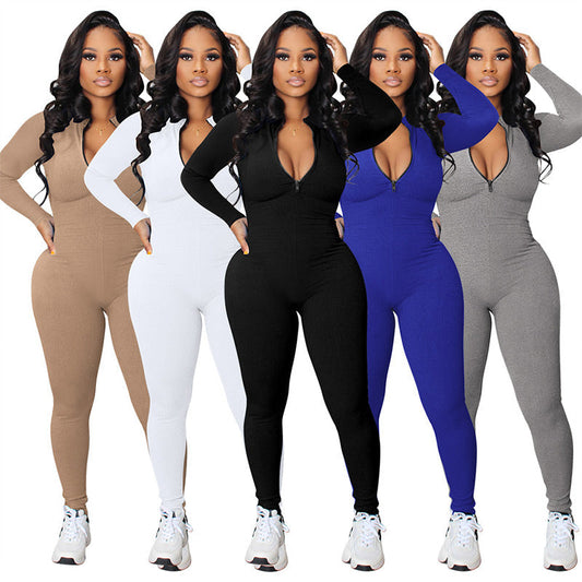 Effen kleur half rits naadloze jumpsuit
