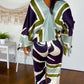 Dames Elegante Print V-Hals Top & Broek Tweedelige Set