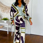 Dames Elegante Print V-Hals Top & Broek Tweedelige Set