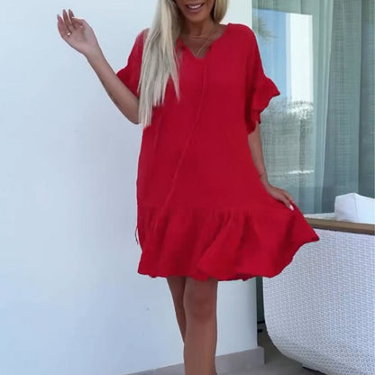 Vrouwen korte mouwen effen kleur jurk met bloemmotief