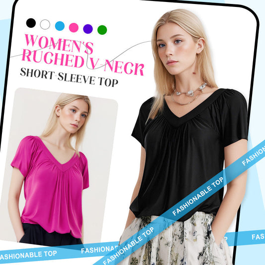 LAATSTE DAG 50% KORTING 💖✨ Dames Casual Geplooide V-hals Korte Mouw Top