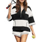 Gestreepte tweedelige set voor dames: top met halve rits en shorts