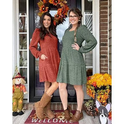 🍂Herfst 2025 Nieuwe stijl 49% KORTING⏰Damesjurk met vierkante halslijn, lantaarnmouwen en ribstof