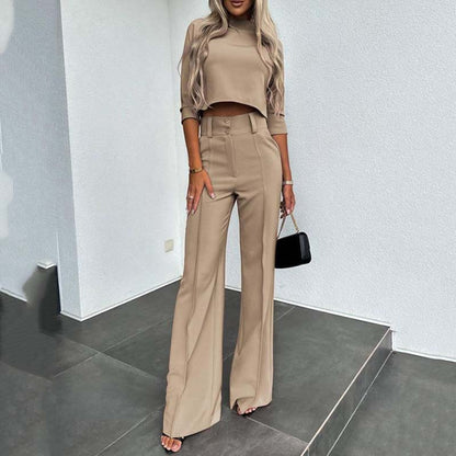 💃Elegante Dames Twee-Delige Set – Crop Top met Hoge Hals & High-Waist Wijde Broek⏰Nieuw binnen 50% KORTING