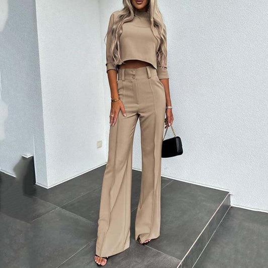 💃Elegante Dames Twee-Delige Set – Crop Top met Hoge Hals & High-Waist Wijde Broek⏰Nieuw binnen 50% KORTING