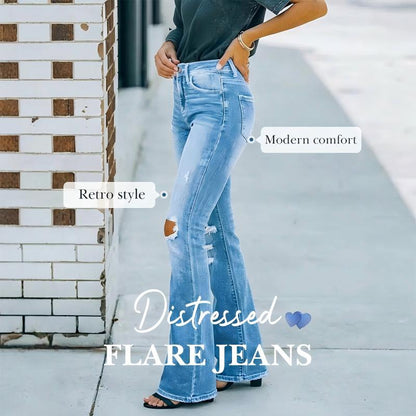 Dames Hoge-Taille Uitlopende Jeans met Slijtdetails
