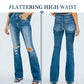 Dames Hoge-Taille Uitlopende Jeans met Slijtdetails