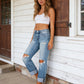 Dames Hoge-Taille Uitlopende Jeans met Slijtdetails