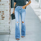 Dames Hoge-Taille Uitlopende Jeans met Slijtdetails