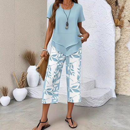 🔥Dames 2-delige set – Gelaagde asymmetrische tuniek top & bedrukte wijde broek, ademend polyester.