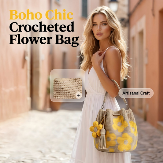 🌼Gehaakte Dames Bucketbag met Bloemenmotief – Lichte Boho Schoudertas voor Zomer en Dagelijks Gebruik