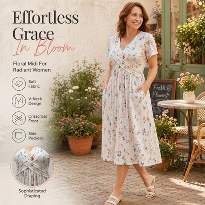 👗Damesjurk met V-hals, bloemenprint en gedraaide taille