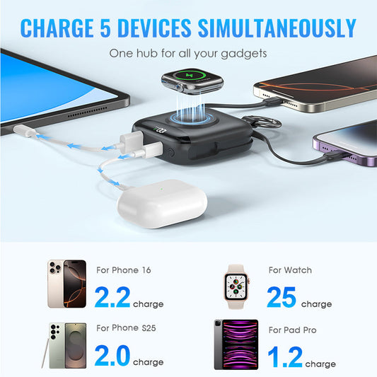 🔋 5000mAh Draagbare Oplader Powerbank met Ingebouwde Kabels – Reis-Sleutelhanger Batterijpack voor Apple Watch, iPhone & AirPods