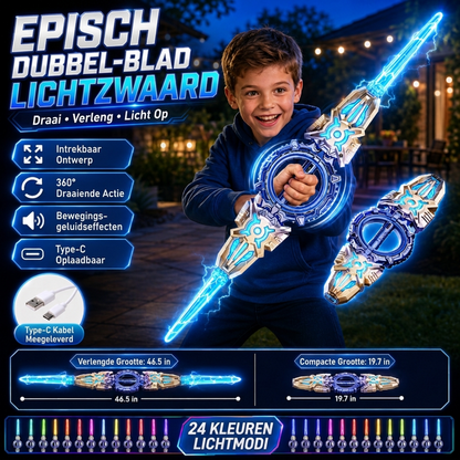📢📢 50% KORTING!! ⚔️Oplaadbaar Dubbelbladig Lichtgevend Zwaard – 360° draaien, uitschuifbaar, 24 lichtstanden, bewegingsgeluiden, USB-C. Een episch cadeau voor kinderen vanaf 6 jaar! 🎁💪
