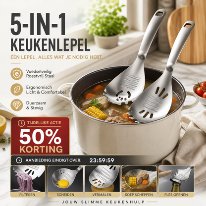 📢📢 50% KORTING🥄 5-in-1 Kooklepel van 304 Roestvrij Staal – Eierdooierscheider voor Rauwe Eieren, Aardappelstamper, Raspplaat, Schuimspaan & Flessenopener | Robuust Keukengerei.